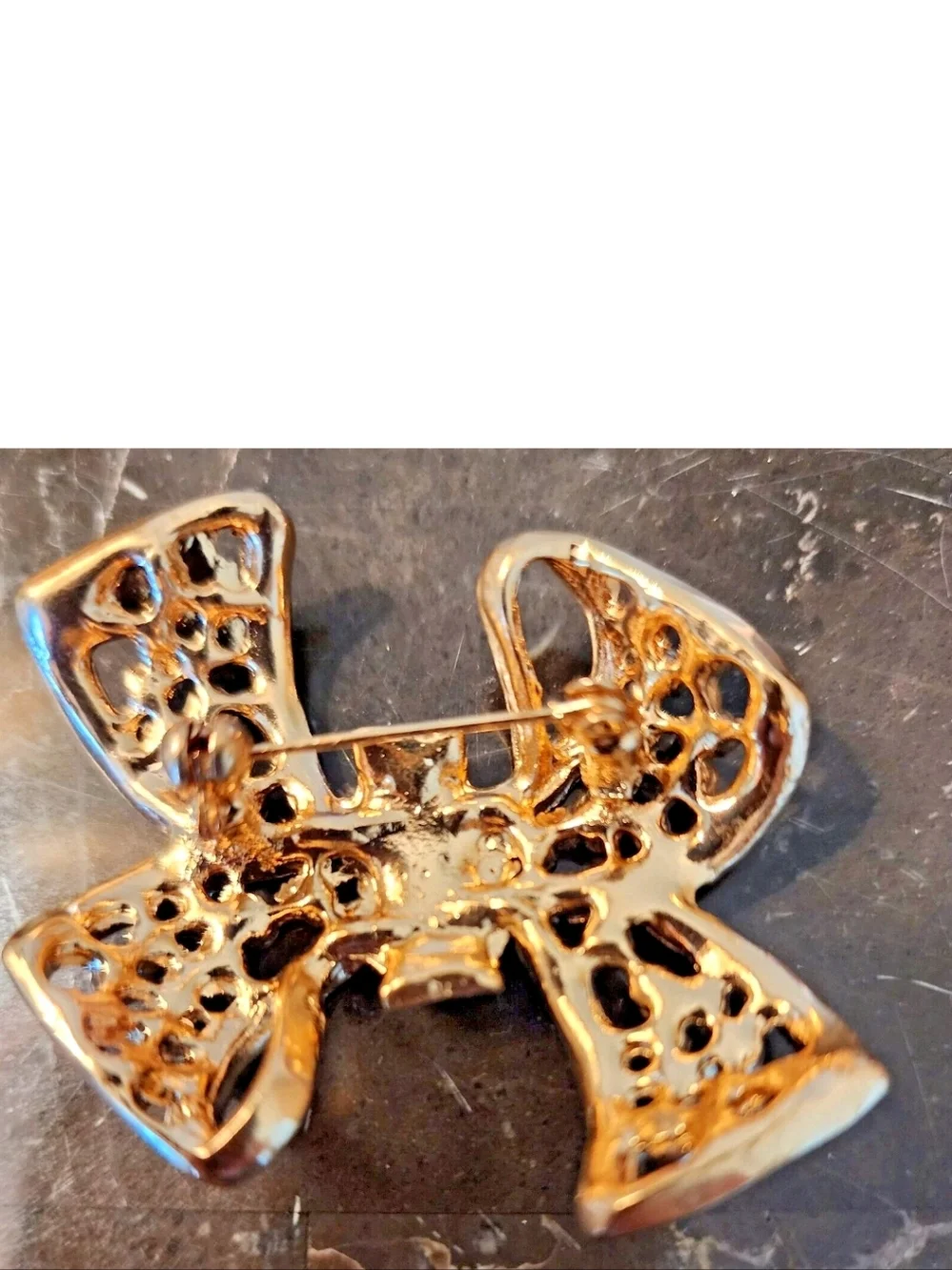 Bow Vintage Brooch  Gold Tone with Multicolor Rhinestones - Picture 7 of 10